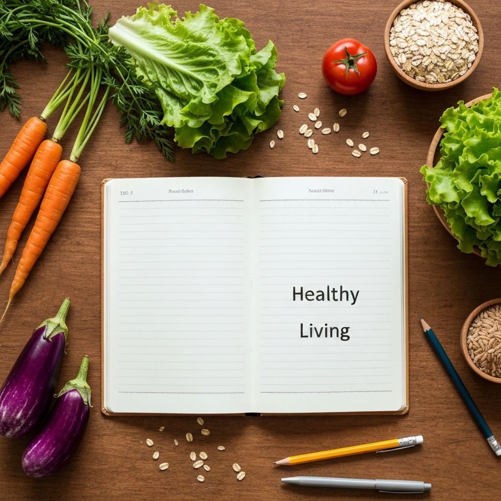 Open notebook with vegetables and food items around it