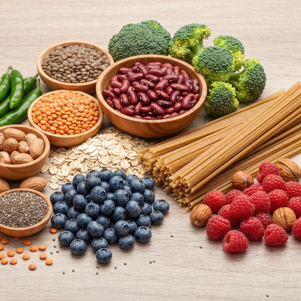 Variety of high-fibre foods including grains, legumes, and produce